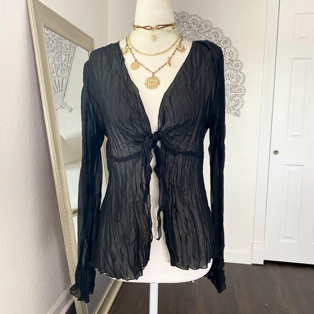 Early 2000's Black Witchy Whimsygoth Sheer Front Tie Cardigan Top Baranda M
